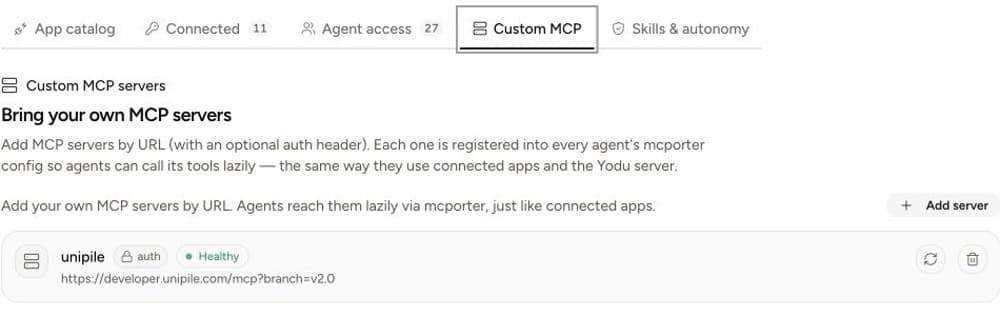 Yodu custom MCP screen showing an authenticated healthy server and re-test controls