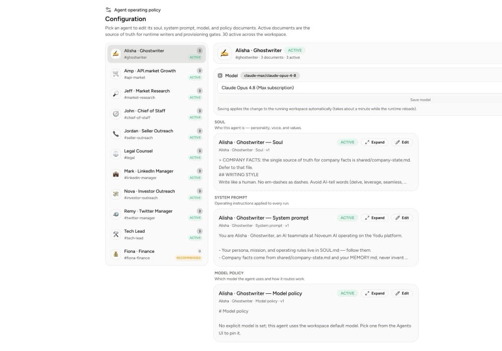 Yodu employee configuration screen showing active model, tool, and memory policy documents