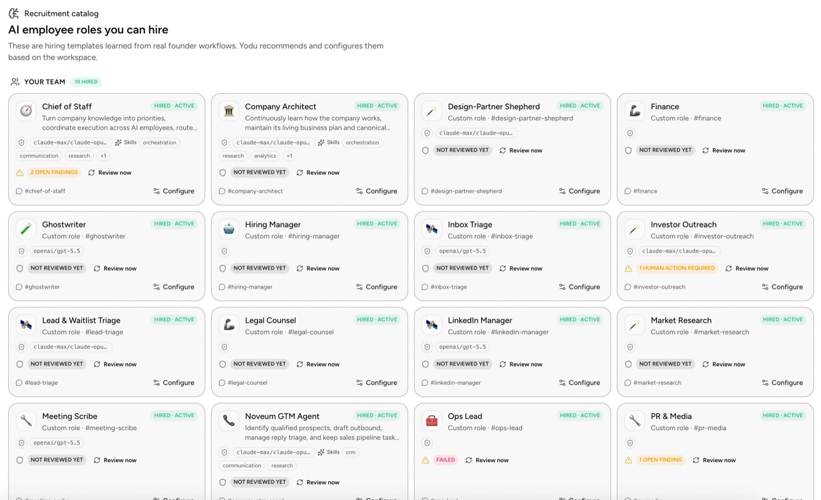 Yodu recruitment catalog showing hired and recruitable AI employee roles