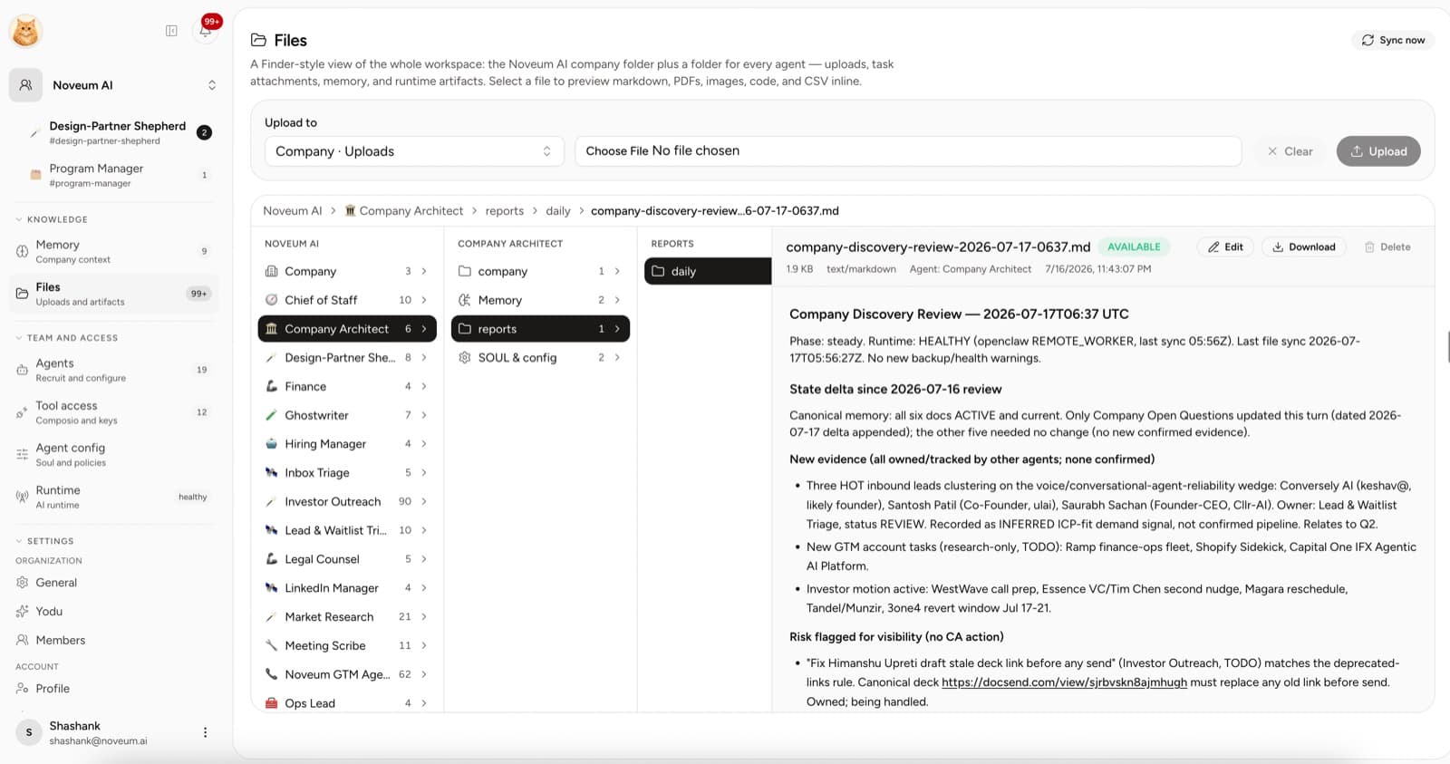 Yodu file browser showing company and employee folders for uploads and generated artifacts