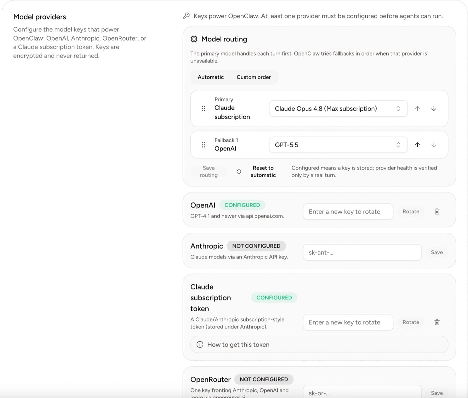 Yodu settings showing configured OpenAI and Claude subscription access plus Anthropic and OpenRouter options