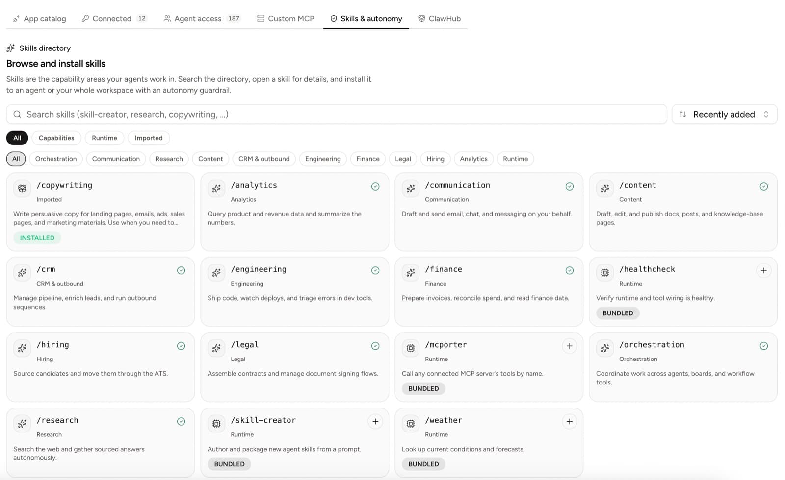 Yodu skills directory showing installed and available capabilities
