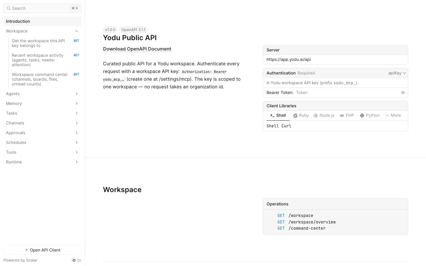 Yodu public API reference showing bearer authentication and workspace, employee, memory, task, channel, approval, schedule, tool, and runtime resources