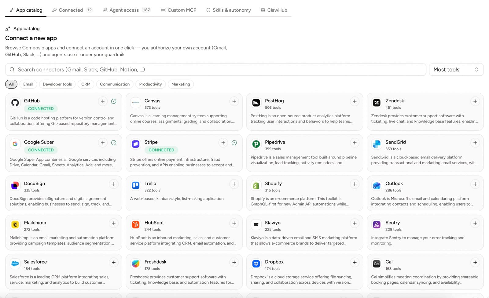 Yodu app catalog showing popular business tools and connected state