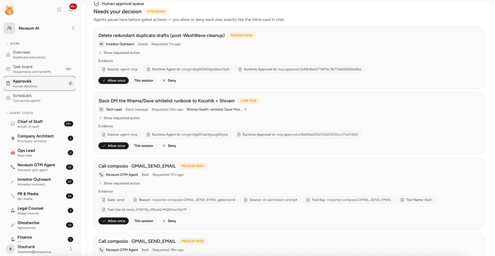 Yodu approvals workspace showing the human decision queue, remembered standing permissions, and decision audit history