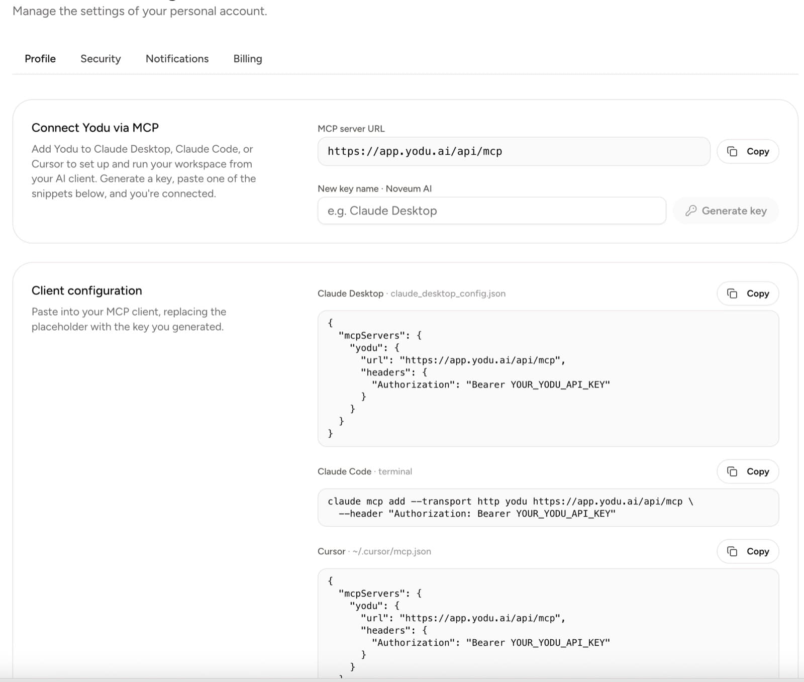 Yodu MCP and API settings showing the public endpoint and client setup snippets without a live credential
