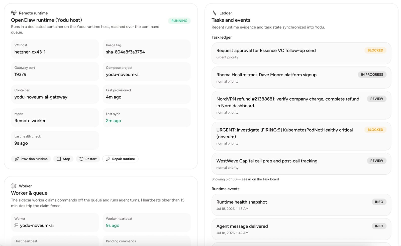 Yodu runtime operations showing successful file synchronization, workspace backup freshness, backup controls, and passing deep-health checks